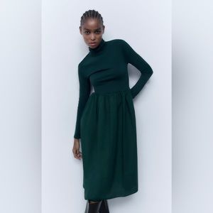 Zara NWOT forest green turtle neck midi dress size medium